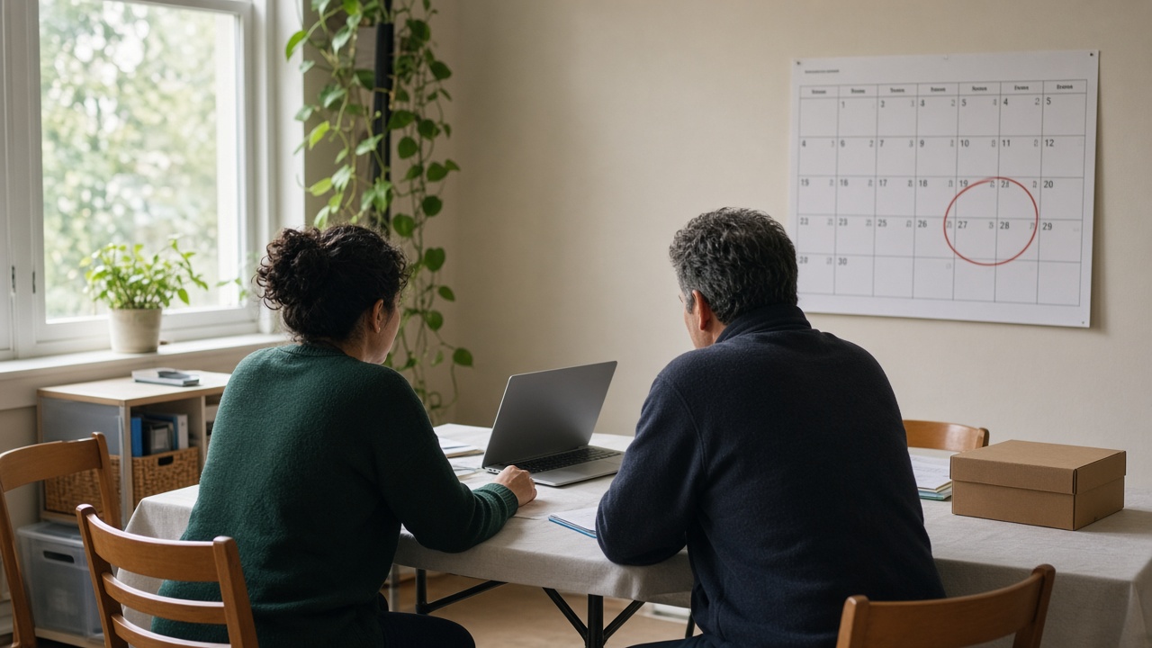 Two people at a small nonprofit office table planning, with a calendar on the wall